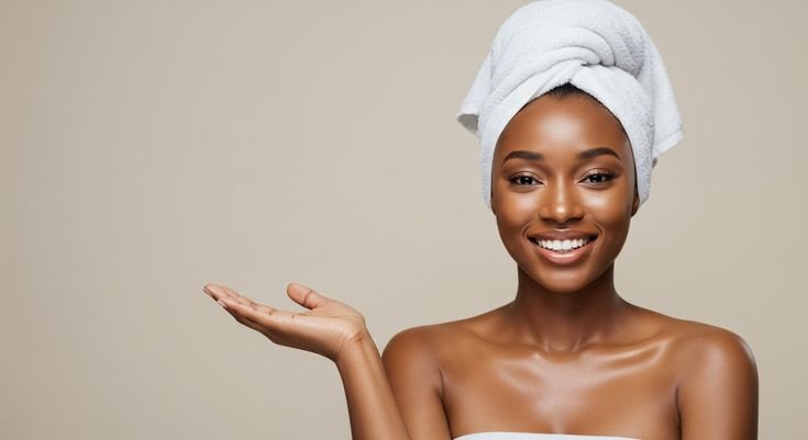 Smiling woman with a towel wrapped around her hair